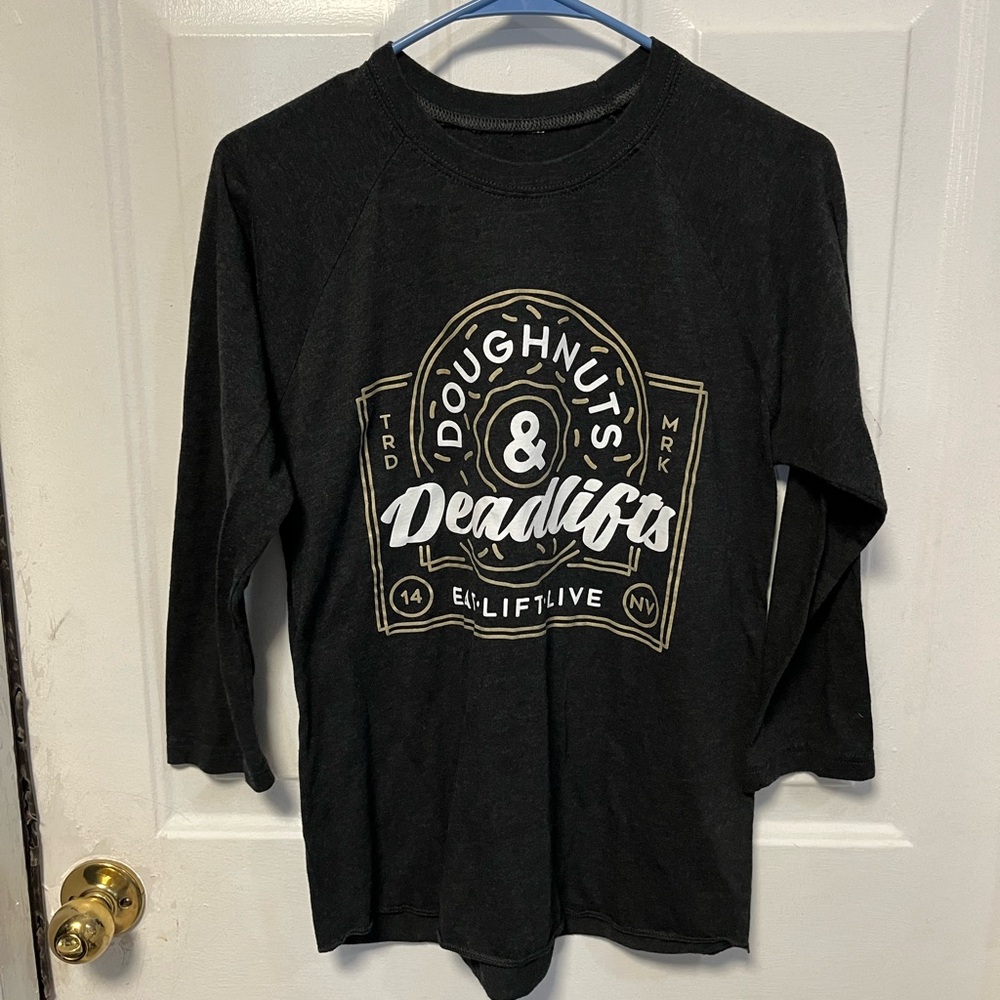 Doughnuts and Deadlifts Black Long Sleeve Tee with Graphic Print